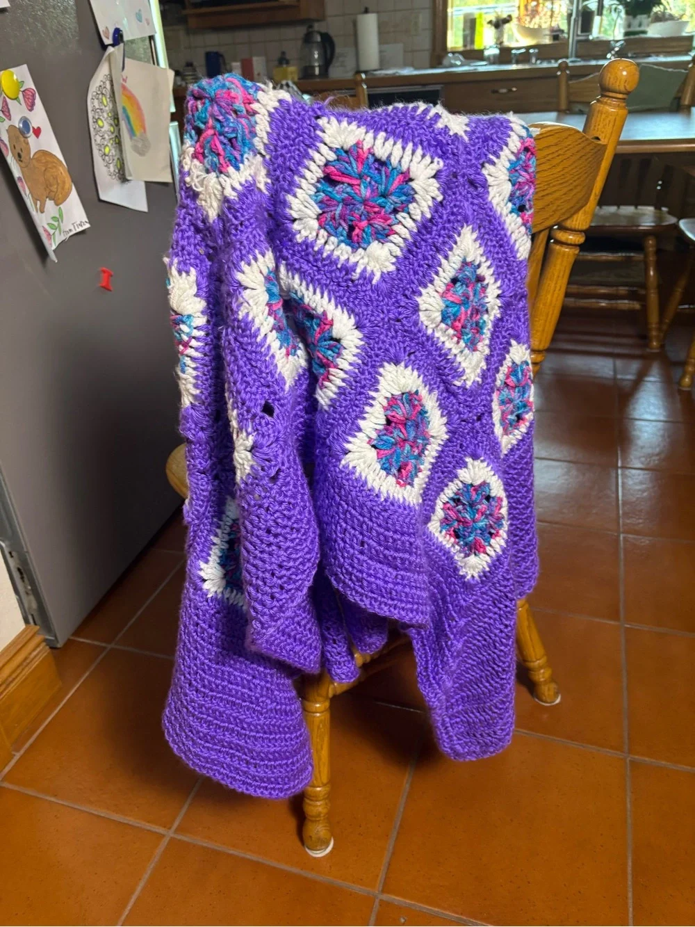 Vintage crocheted purple granny square handmade afghan throw blanket dopamine